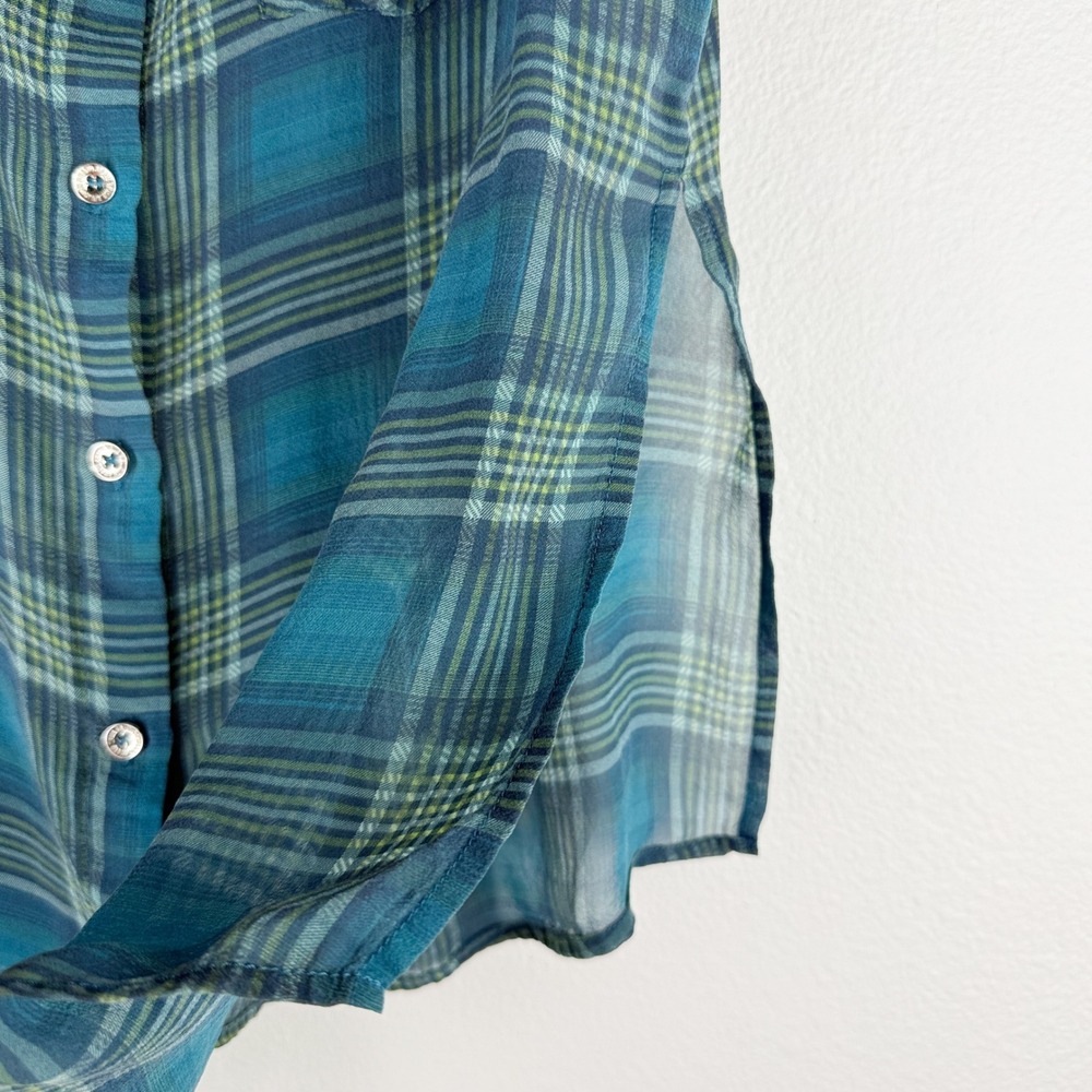 True Religion Womens Sleeveless Plaid Button Down Shirt Teal Green Small S/P - Picture 6 of 9
